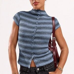 Shein Casual Striped Polo Collar Short Sleeve Button Front T-Shirt